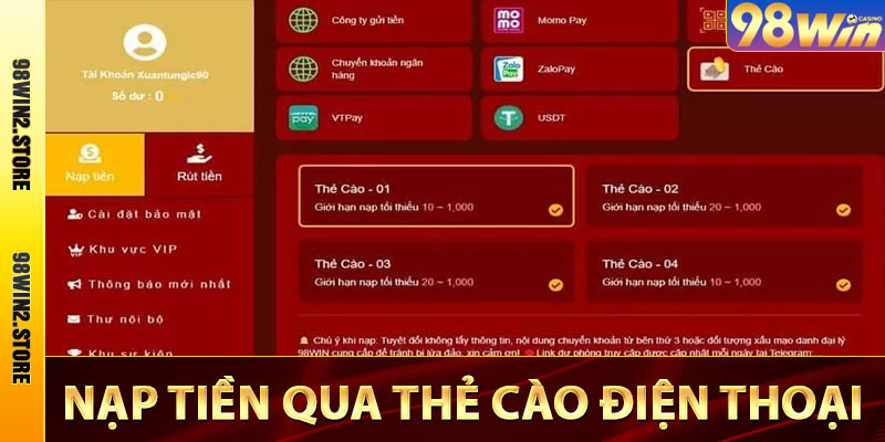 Nạp tiền qua thẻ cào trực tuyến an toàn