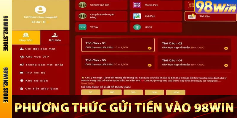 Phương thức gửi tiền vào nhà cái 98win.com